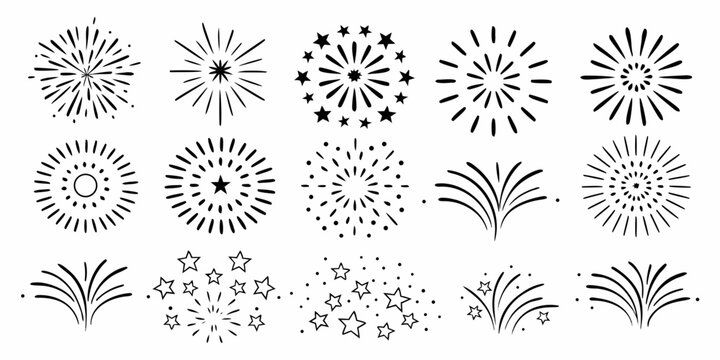 Fireworks Display Set Black Line Art Vector Illustration