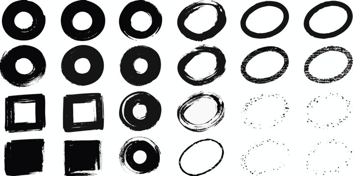 Black brushstroke circles and squares on a white background