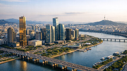Obraz premium Breathtaking view of Seoul's city skyline by the river at sunrise.