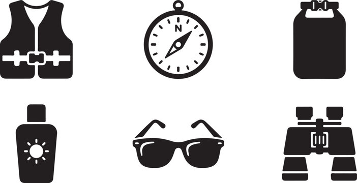 Set of six outdoor adventure icons including life jacket, compass, binoculars and sunscreen Vector