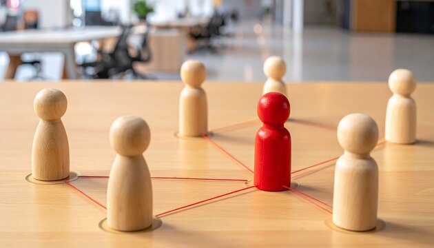 Central red figurine connecting group network symbolizing leadership communication