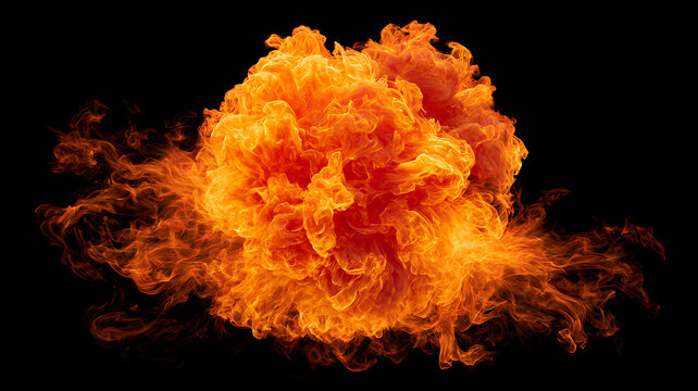 Vibrant orange fire explosion on a black background with flames
