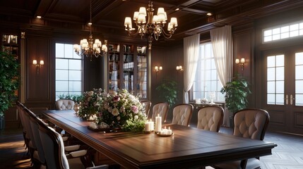 Fototapeta premium Elegant dark wood dining room with large table set for formal event during soft daylight