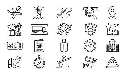 Fototapeta premium Travel transportation and navigation line icon set vector