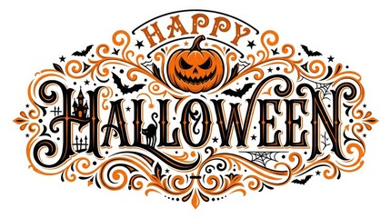 Obraz premium Ornate happy halloween typography with jack o' lantern and spooky elements
