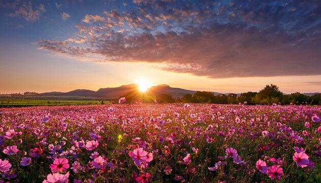 A Breathtaking Field Filled With Vibrant Pink Flowers Under A Stunning Sunset