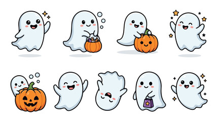 Fototapeta premium A set of cute cartoon ghosts and pumpkins for Halloween decoration