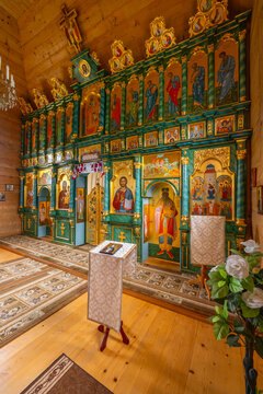 Orthodox iconostasis inside wooden church in Komancza, Poland