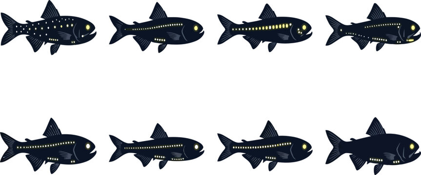 Bold contemporary lanternfish silhouette collection featuring eight distinct deep sea species with scientific names