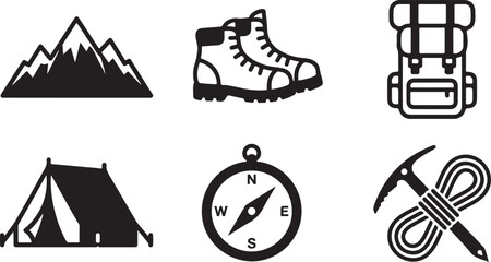 Six camping hiking icons set including mountain tent boots backpack compass ice axe Vector © Runa