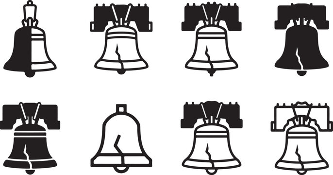 Black and white cracked liberty bell icons in various styles Vector