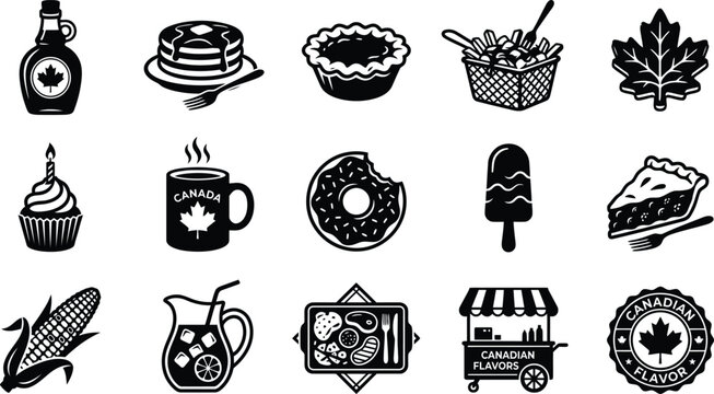 Canadian cuisine silhouette icons maple syrup poutine pie and more culinary delights of canada collection