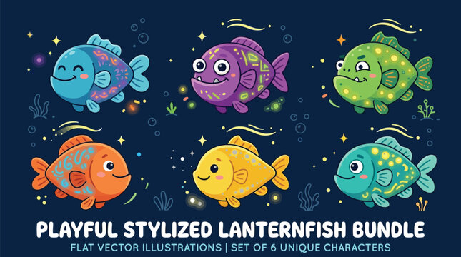 Bundle of six colorful stylized lanternfish characters for underwater themed graphic design and kids projects