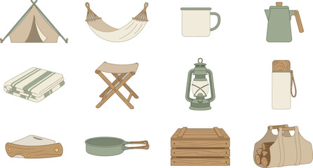Camping and outdoor adventure equipment vector icon set in a minimalist Scandinavian style for travel design © KhadizaAkter