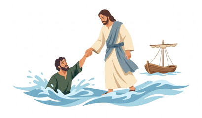 Obraz premium Jesus Saving Peter on the Water Biblical Vector Illustration Inspired by Matthew 14 Isolated on White Background