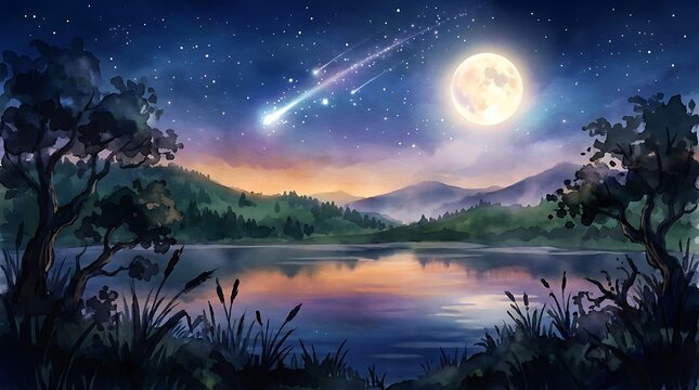 Bright full moon and shooting star over a calm lake at night with mountains and forest in the distance