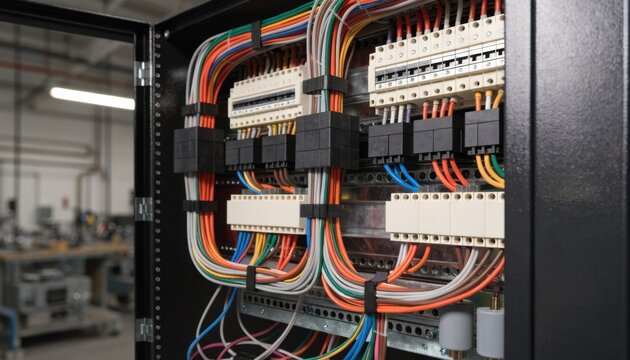 Medium shot of a recently assembled control panel wiring harness showing organized cable routing inside an open cabinet during initial installation.