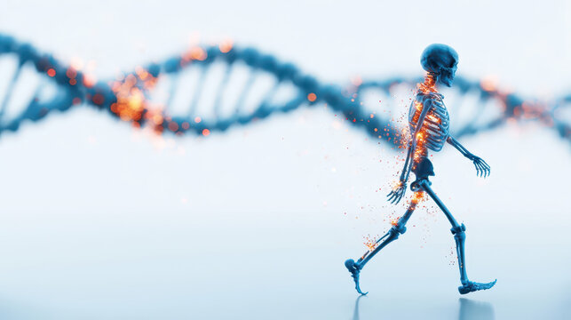 Blue Skeleton Walking on Reflective Surface with Glowing Energy Points and DNA Helix, Futuristic Concept Art