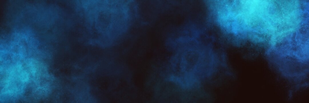 Dark indigo and ochre yellow watercolor smoke on black. Wide abstract grunge banner for steampunk, industrial, and mystical art themes.
