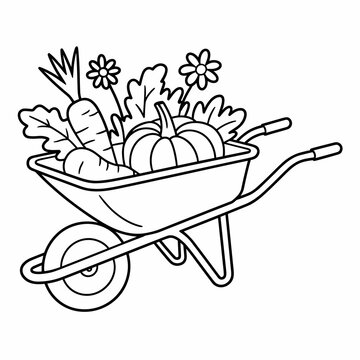 Black and white line drawing of a wheelbarrow filled with vegetables and flowers