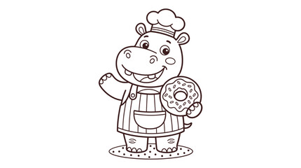 Fototapeta premium Cute cartoon hippo chef with a donut. Child-friendly food illustration. Kids' culinary activity scene