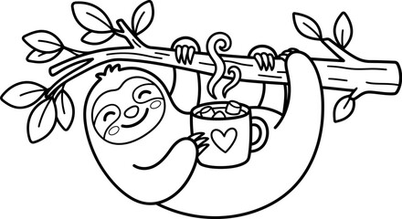 Obraz premium Cute baby hanging from a tree branch. Infant holding a cup of milk. Adorable child enjoying outdoor play
