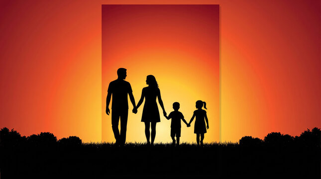 Family silhouettes holding hands at sunset with warm sky