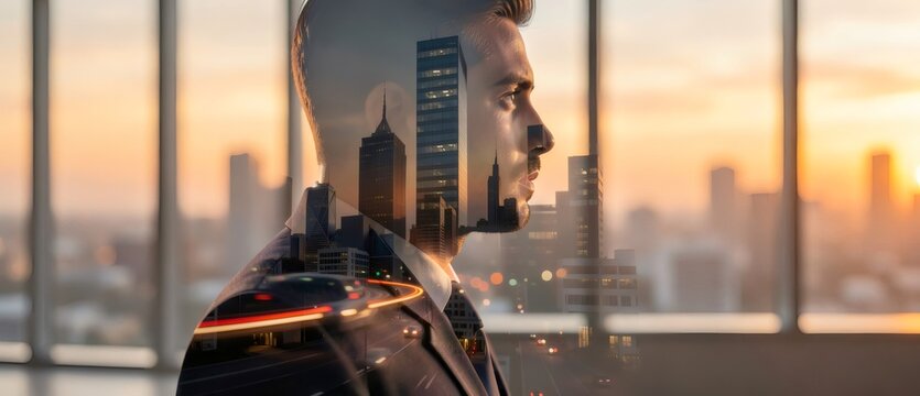 Businessman visualizing city architecture and traffic flow