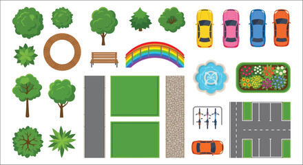 Obraz premium Collection of colorful vector illustrations depicting trees pathways vehicles and park elements on a white background