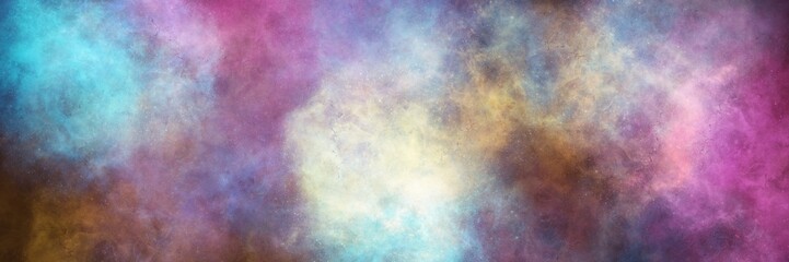 Fototapeta premium Pastel pink, blue, and lavender watercolor smoke on a dark canvas. Wide abstract grunge banner for dreamy, romantic, and elegant aesthetic themes. 