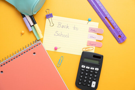 Colorful back to school shopping theme with supplies and to do list notes.