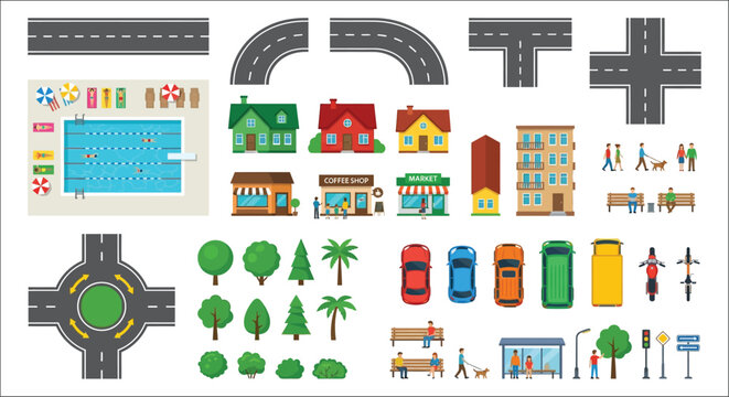 Road segment and city element vector illustration with buildings trees vehicles and people aerial view asphalt automobile