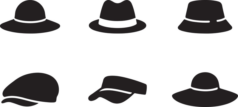Six different black flat cap and hat icons in a row Vector