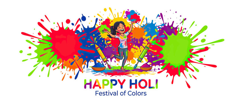 Happy Holi Festival of Colors: Joyful girl celebrating with vibrant paint splashes