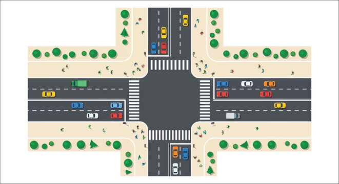 City street intersection with vehicles and pedestrian crossings a colorful vector illustration aerial view asphalt automobile