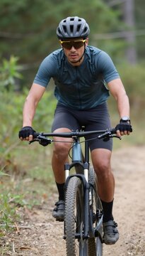 Man cycling mountain bike on forest trail