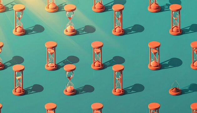 Grid of hourglasses with wooden frames on teal surface symbolizing patience repetition and continuity of time