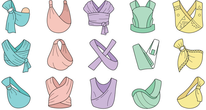 Collection of fifteen isolated baby carrier designs featuring various styles of slings and wraps for parents