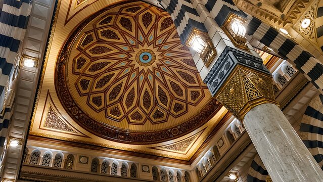 Beautiful Islamic architectural ceiling featuring intricate geometric patterns inside a mosque.