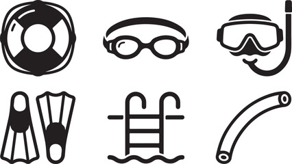 Black and white swimming and diving equipment icons set Vector © Runa
