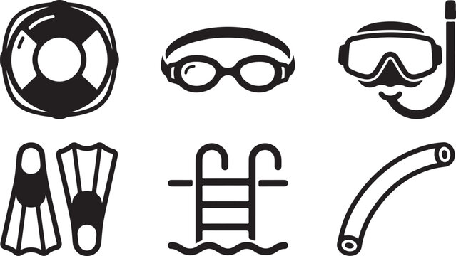 Black and white swimming and diving equipment icons set Vector
