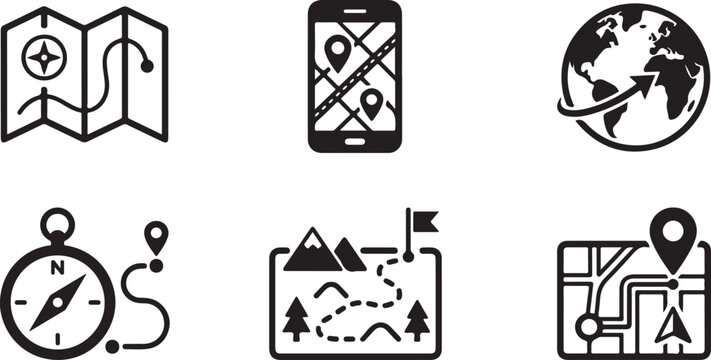 Six travel and navigation icons with map pins and compass Vector