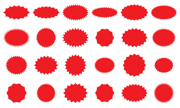 Starburst sale price stickers and labels vector set, star and rosette, sunburst, callout and splash, stamp and tag badges. Isolated vector circle and oval red stickers. sale and shop offer labels eps.