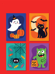Fototapeta premium Halloween Mini Cards Collection with Cute Ghost Cat Spider and Monster