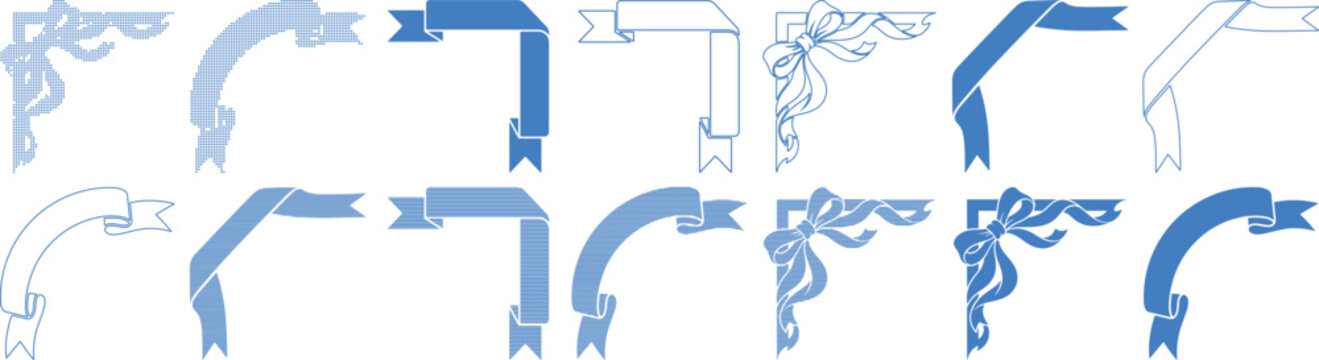 Set of blue decorative corner ribbons, bows, and page borders in various styles including halftone, line and solid fill patterns