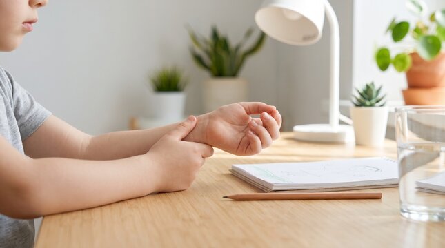 Child holding painful wrist while sitting at desk to study or draw
