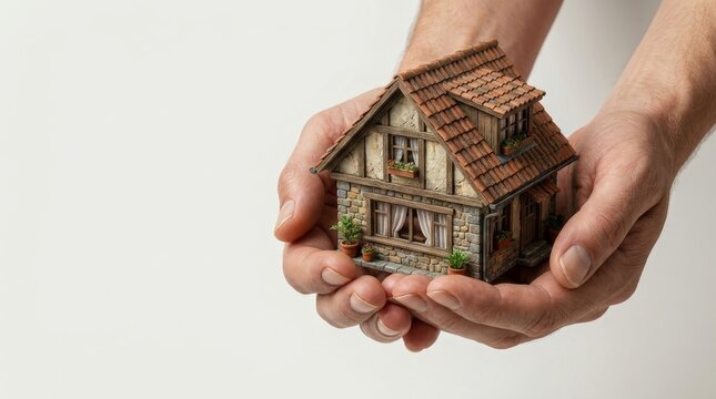 Hands holding a detailed miniature rustic cottage model, symbolizing home ownership, real estate investment, and property security.