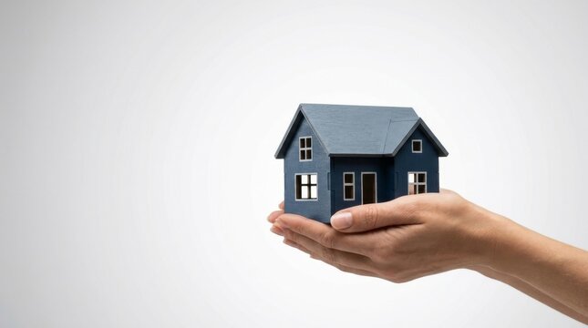 Person holding a small model house in cupped hands against a plain background, representing real estate investment, home insurance, property protection, and the dream of owning a home