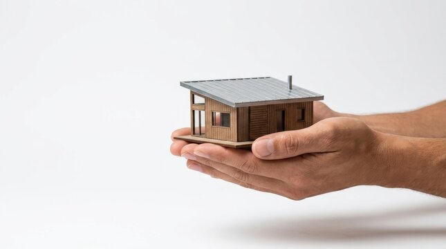 Cupped Hands Safely Holding a Modern Wooden House Model Against a White Background for Real Estate Investment, Architecture Planning, and Home Ownership Concepts