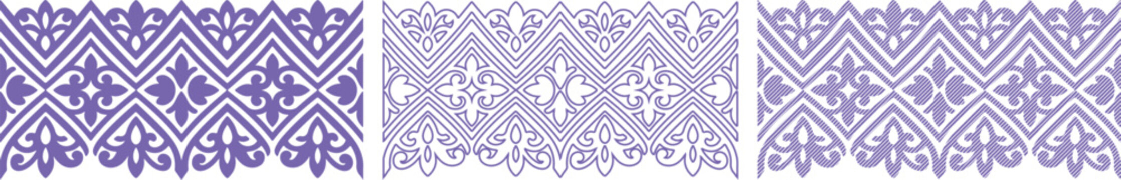 Three variations of a repeating decorative border pattern with purple floral and geometric zigzag motifs